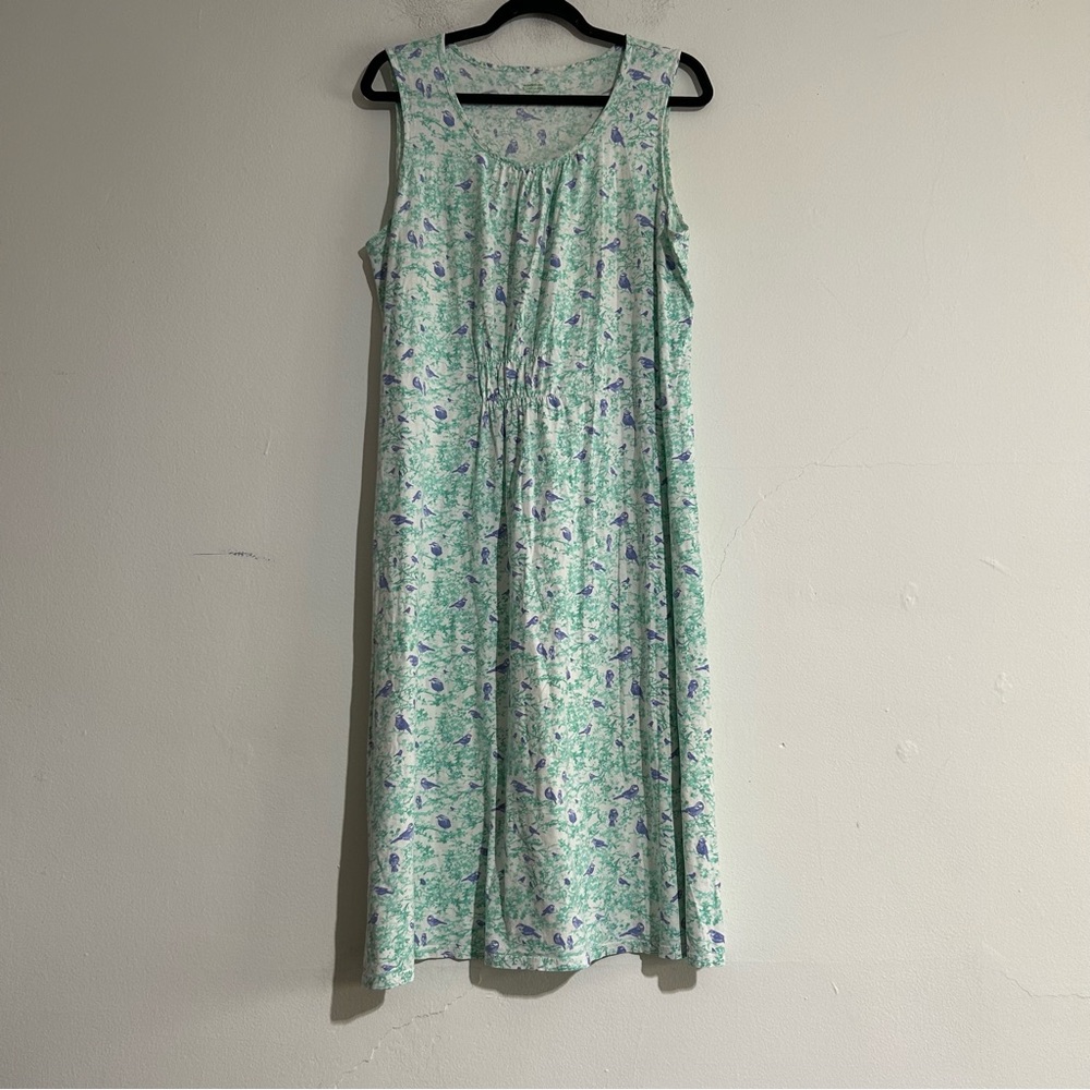 Garnet Hill Green Cotton Bird Print Sleeveless Midi Dress Nightgown XL